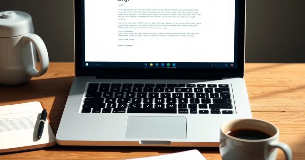 Schreibtisch mit Laptop und Notizbuch für eine E-Mail-Anfrage